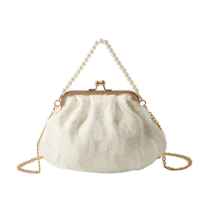 2024 NEW RETRO FAIRY SOLID COLOR SMALL BAG WHITE HAND HAND BAG PEARL 여자들의 직선 직물