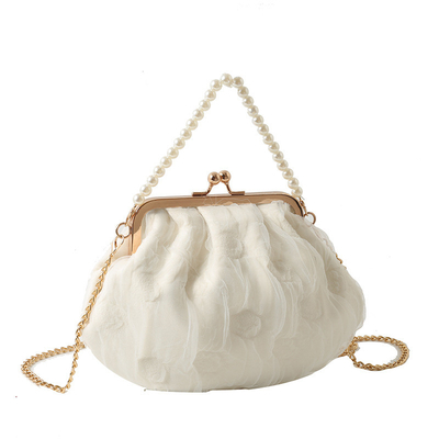 2024 NEW RETRO FAIRY SOLID COLOR SMALL BAG WHITE HAND HAND BAG PEARL 여자들의 직선 직물