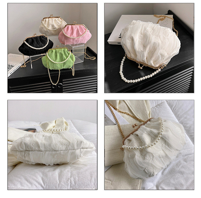 2024 NEW RETRO FAIRY SOLID COLOR SMALL BAG WHITE HAND HAND BAG PEARL 여자들의 직선 직물