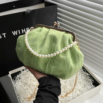 2024 NEW RETRO FAIRY SOLID COLOR SMALL BAG WHITE HAND HAND BAG PEARL 여자들의 직선 직물