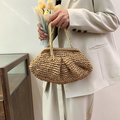 해수욕장 치크 여자 래피아 빨대 덤플링 클루치 스타일리시 여름 휴가 크로스보디 가방 래튼 가방
