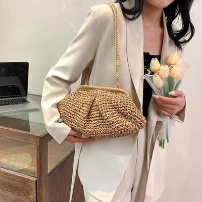 해수욕장 치크 여자 래피아 빨대 덤플링 클루치 스타일리시 여름 휴가 크로스보디 가방 래튼 가방