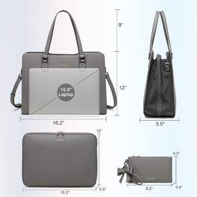 KEYLI 4PC 세트 여자용 노트북 가방 큰 가죽 노트북 USB 충전 포트와 함께 브리프 케이스 컴퓨터 어깨 톱 가방 PU