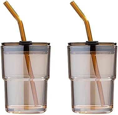 13oz/400ml 텀블러 물잔, 짚과 뚜?? 가 밀폐 된 컵 커피, 얼음 차, 두꺼운 벽 격리 유리