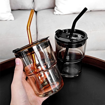 13oz/400ml 텀블러 물잔, 짚과 뚜?? 가 밀폐 된 컵 커피, 얼음 차, 두꺼운 벽 격리 유리