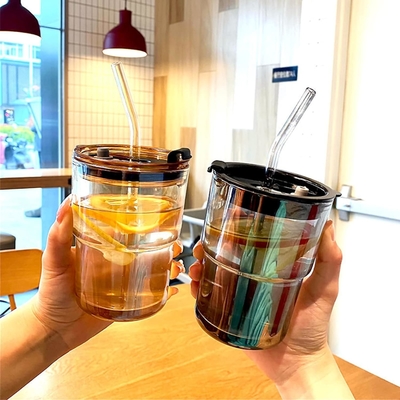 13oz/400ml 텀블러 물잔, 짚과 뚜?? 가 밀폐 된 컵 커피, 얼음 차, 두꺼운 벽 격리 유리