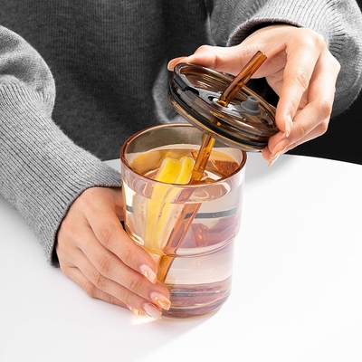 13oz/400ml 텀블러 물잔, 짚과 뚜?? 가 밀폐 된 컵 커피, 얼음 차, 두꺼운 벽 격리 유리