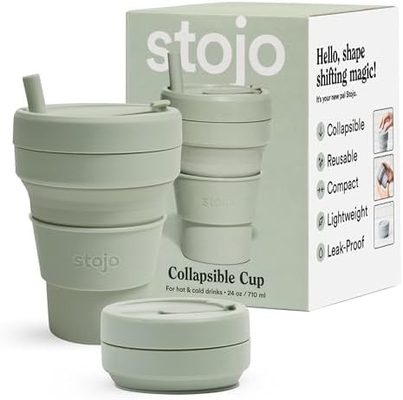 접히는 여행컵 - 샐리지 그린, 12oz / 355ml - 누출 방지 할 수 있는 재사용 가능한 주머니 사이즈 실리콘 병