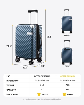 22x14x9 항공사 승인을 받은 휴대용 수하물 - 35L 폴리카보네이트 확장 가능한 하드 셸 가방
