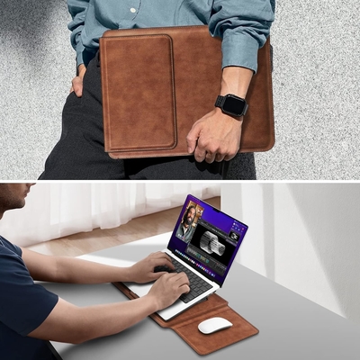 노트북 케이스 MacBook Air 13.6M3 M2 A3113 A2681/MacBook Pro 14 A2992-PU 스탠드 기능이 있는 가죽 얇은 가방 덮개, 갈색