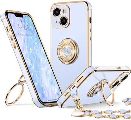 iPhone 12 Pro Max 케이스 스탠드, 전화 케이스 더블 링 킵 스탠드, 여성 소녀들 블링 고급 보호 케이스 듣기