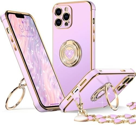 iPhone 12 Pro Max 케이스 스탠드, 전화 케이스 더블 링 킵 스탠드, 여성 소녀들 블링 고급 보호 케이스 듣기
