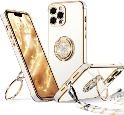 iPhone 12 Pro Max 케이스 스탠드, 전화 케이스 더블 링 킵 스탠드, 여성 소녀들 블링 고급 보호 케이스 듣기