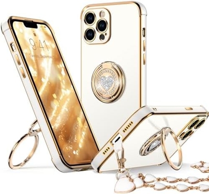 iPhone 12 Pro Max 케이스 스탠드, 전화 케이스 더블 링 킵 스탠드, 여성 소녀들 블링 고급 보호 케이스 듣기