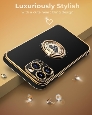 iPhone 12 Pro Max 케이스 스탠드, 전화 케이스 더블 링 킵 스탠드, 여성 소녀들 블링 고급 보호 케이스 듣기