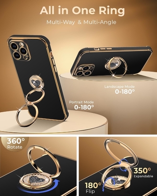 iPhone 12 Pro Max 케이스 스탠드, 전화 케이스 더블 링 킵 스탠드, 여성 소녀들 블링 고급 보호 케이스 듣기