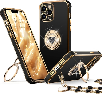 iPhone 12 Pro Max 케이스 스탠드, 전화 케이스 더블 링 킵 스탠드, 여성 소녀들 블링 고급 보호 케이스 듣기