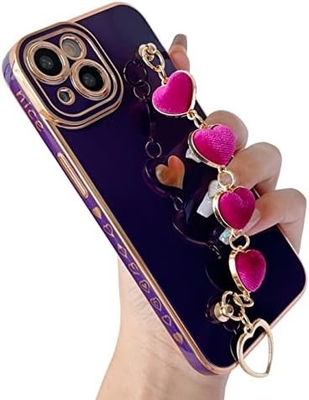 아이폰 12 프로 맥스 케이스,Cute Plating Love Heart Wrist Strap Chain Bracelet 부드러운 호환