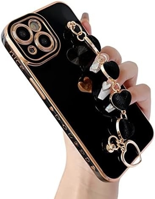 아이폰 12 프로 맥스 케이스,Cute Plating Love Heart Wrist Strap Chain Bracelet 부드러운 호환