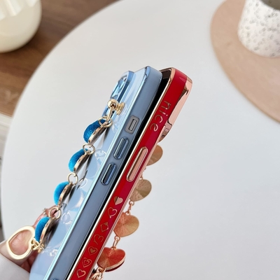 아이폰 12 프로 맥스 케이스,Cute Plating Love Heart Wrist Strap Chain Bracelet 부드러운 호환