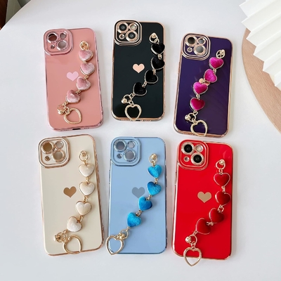 아이폰 12 프로 맥스 케이스,Cute Plating Love Heart Wrist Strap Chain Bracelet 부드러운 호환