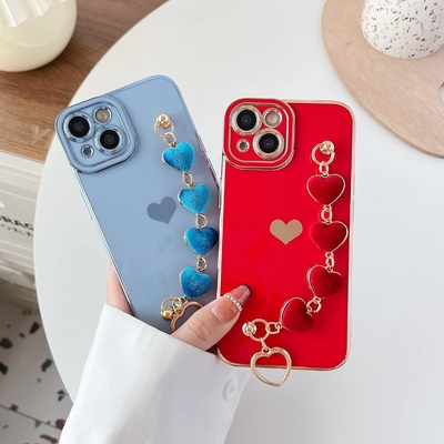 아이폰 12 프로 맥스 케이스,Cute Plating Love Heart Wrist Strap Chain Bracelet 부드러운 호환
