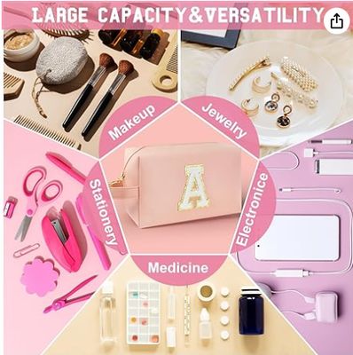 손잡이가 달린 맞춤형 이니셜 메이크업 가방, 내부 지퍼 포켓이 있는 프리피 화장품 가방, 8 9 10 11 12 13 14세 소녀, 십대 소녀, 여성, 교사를 위한 졸업 선물